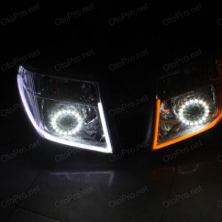 Độ đèn bi xenon, LED mí khối trắng vàng, angel eyes lens cho Navara