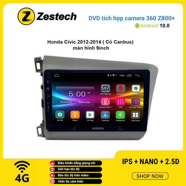 Màn hình DVD Zestech tích hợp Cam 360 Z800+ Honda Civic 2012 -2014